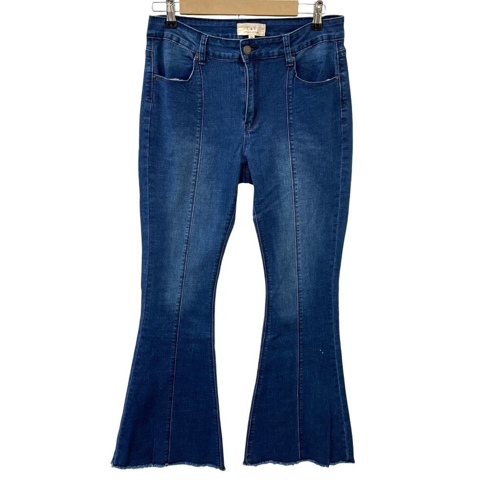 Retro Chelsea & Violet Frayed Hem Flared Denim Jeans Medium Wash Indigo Women 29